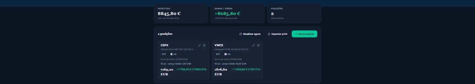 Página de investimentos do Cofre com posições e ganho/perda